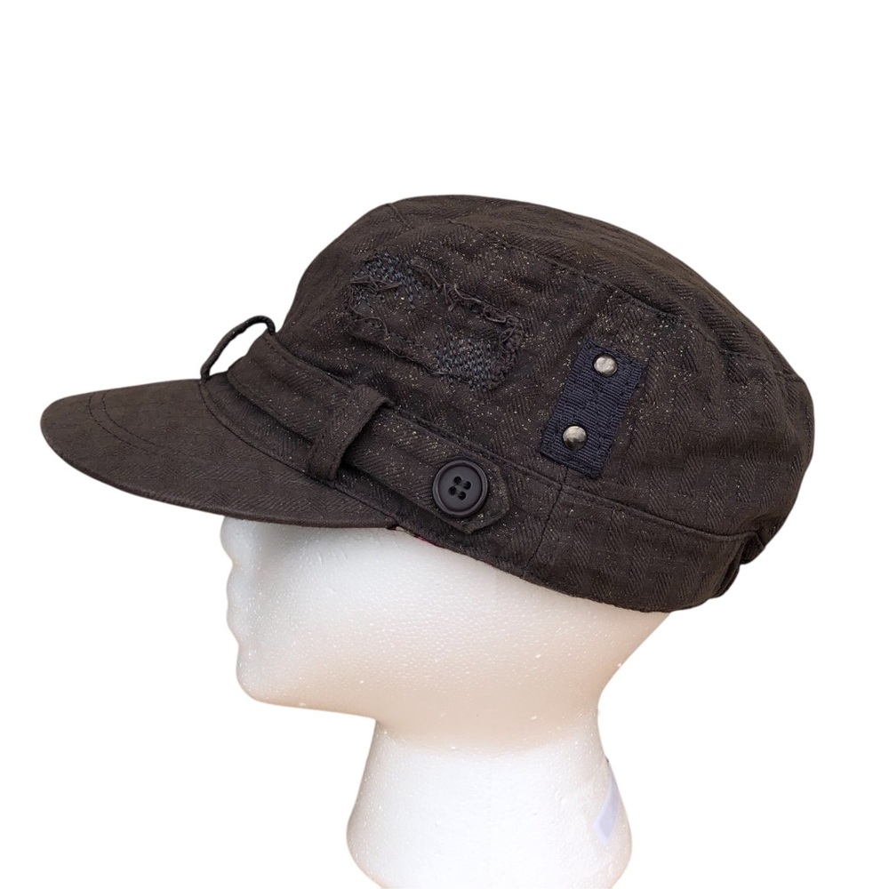 Mudd Vintage Cotton Green/Brown Distressed Patches Floral Print Linen Cap OS